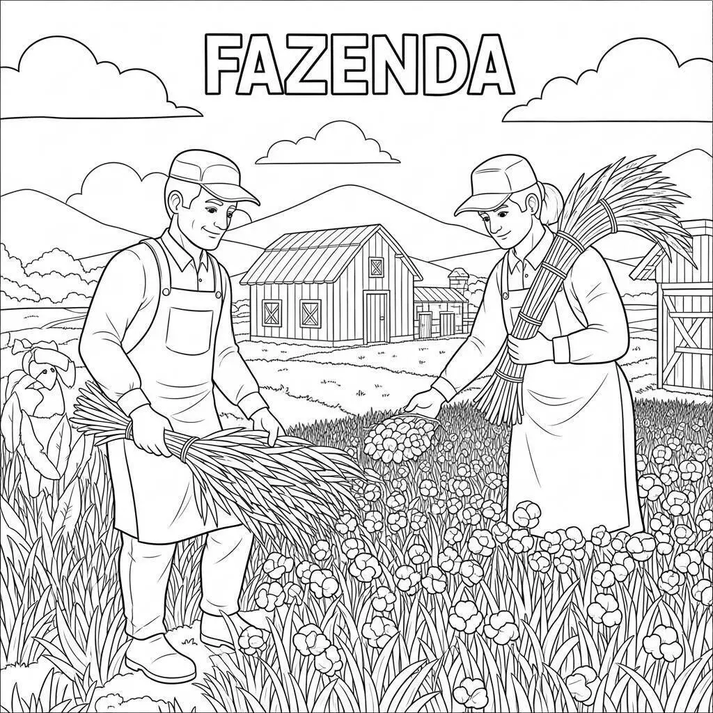 Dibujo para colorear de granja con agricultores cosechando