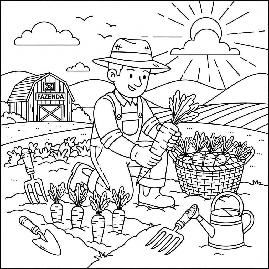 Desenho de Fazenda com Agricultor Colhendo Cenouras para Colorir