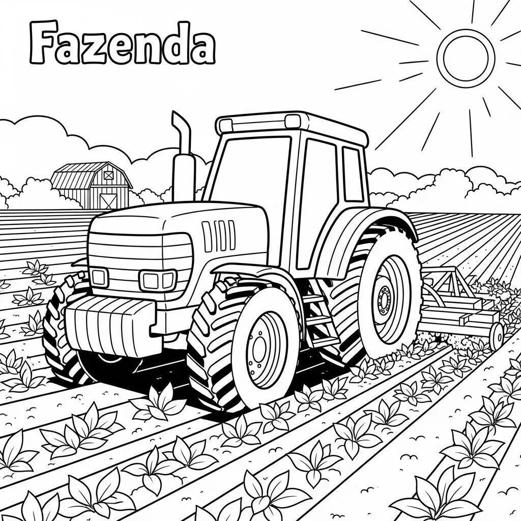 Desenho de Fazenda com Trator para Colorir