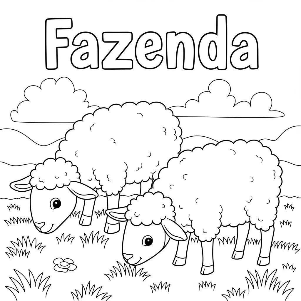 Desenho de Fazenda com Ovelhas para Colorir