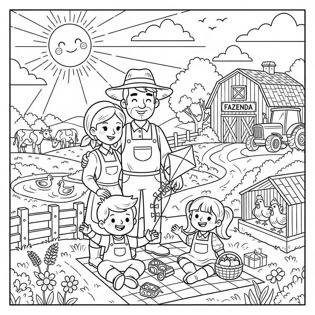 Desenho de Fazenda com Família e Animais para Colorir