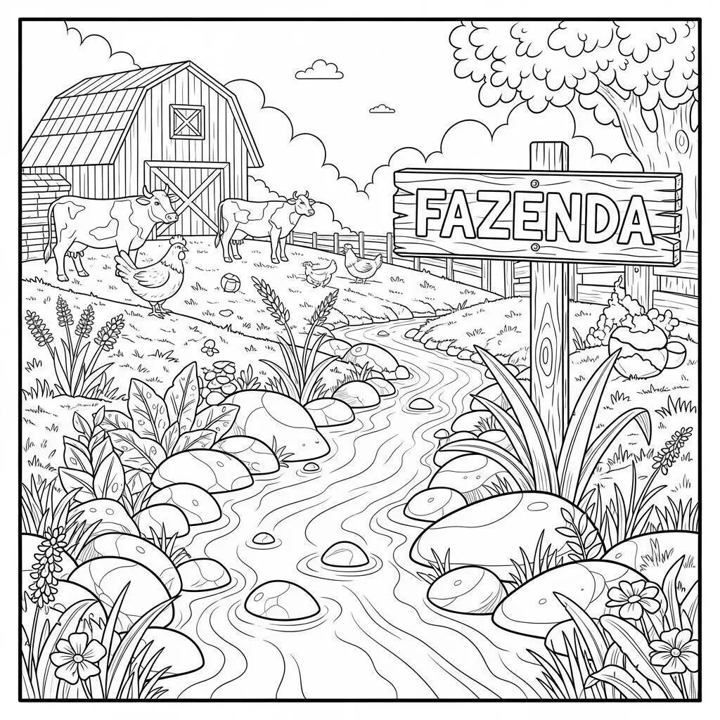 Desenho de Fazenda com Vacas e Riacho para Colorir
