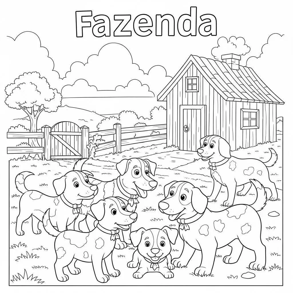 Desenho de Fazenda com Cães para Colorir