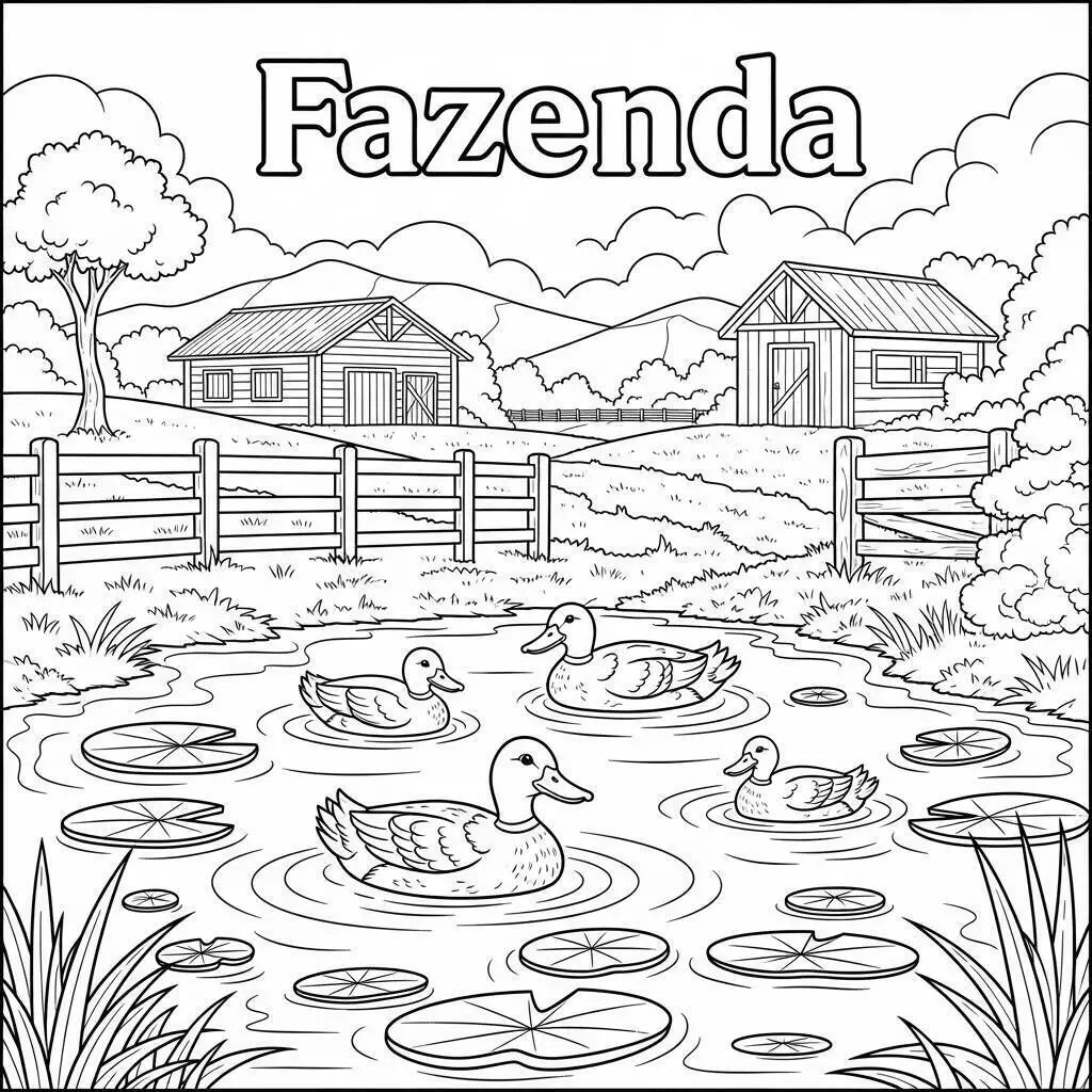 Desenho de Fazenda com Patos para Colorir
