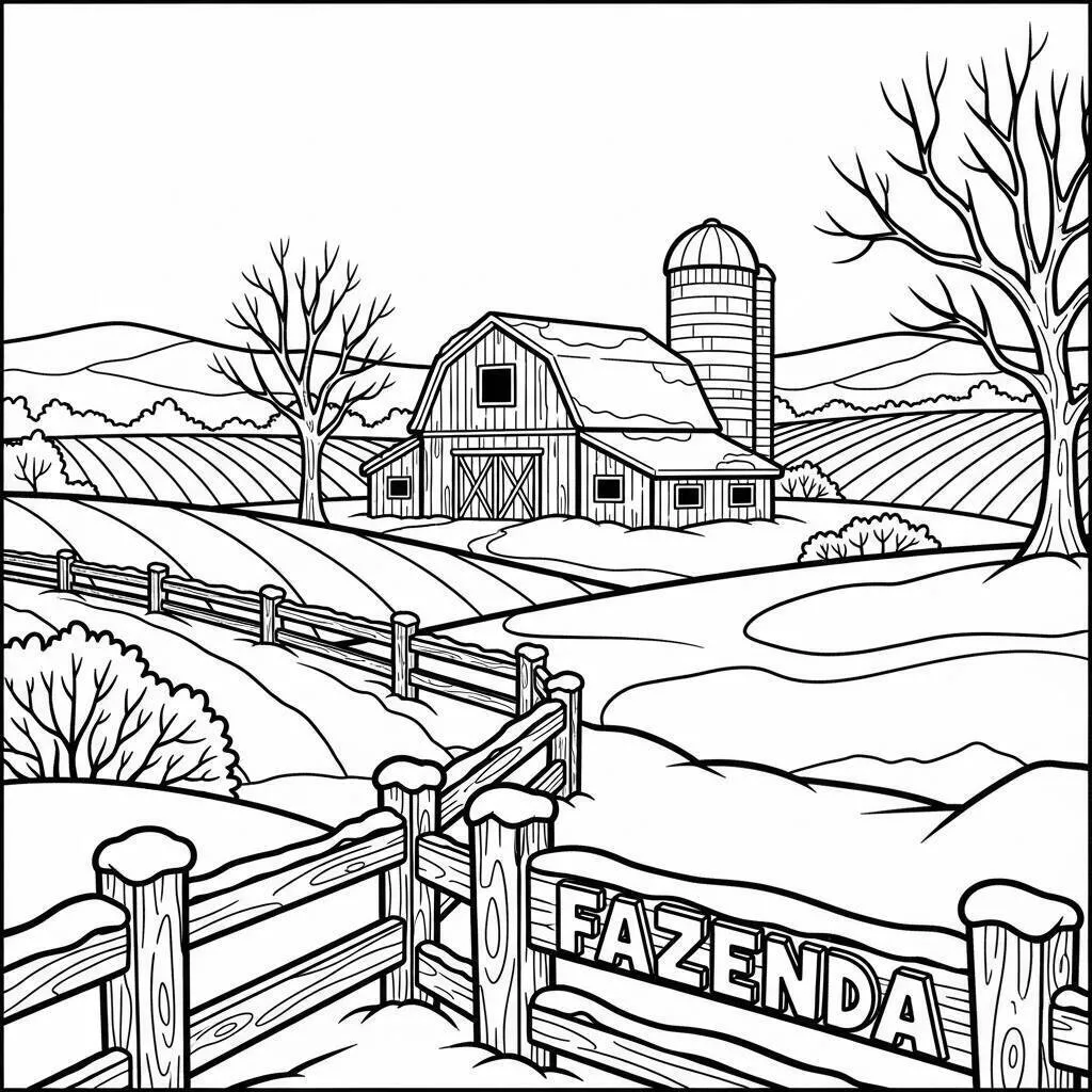 Desenho de Fazenda com Celeiro e Paisagem para Colorir