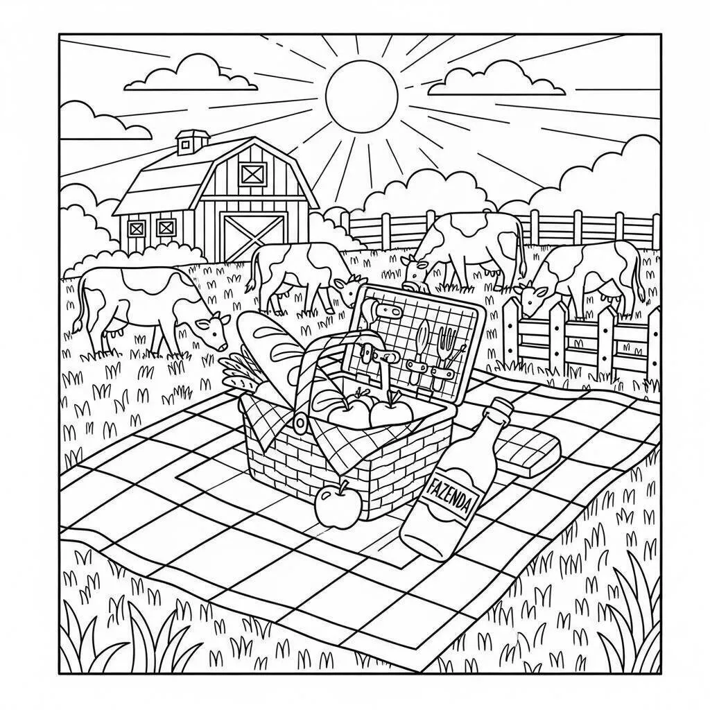 Página para colorear de Granja con picnic y vacas