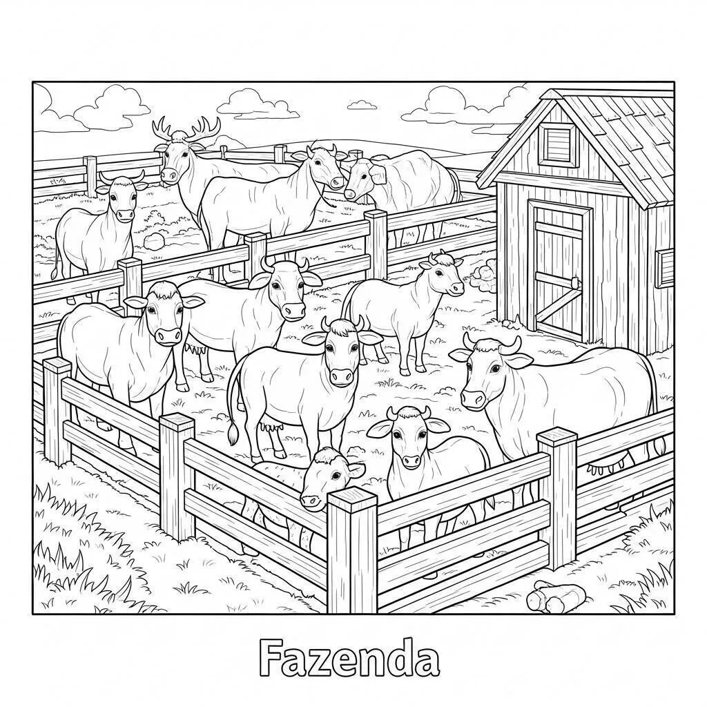Desenho de Fazenda com Vacas para Colorir