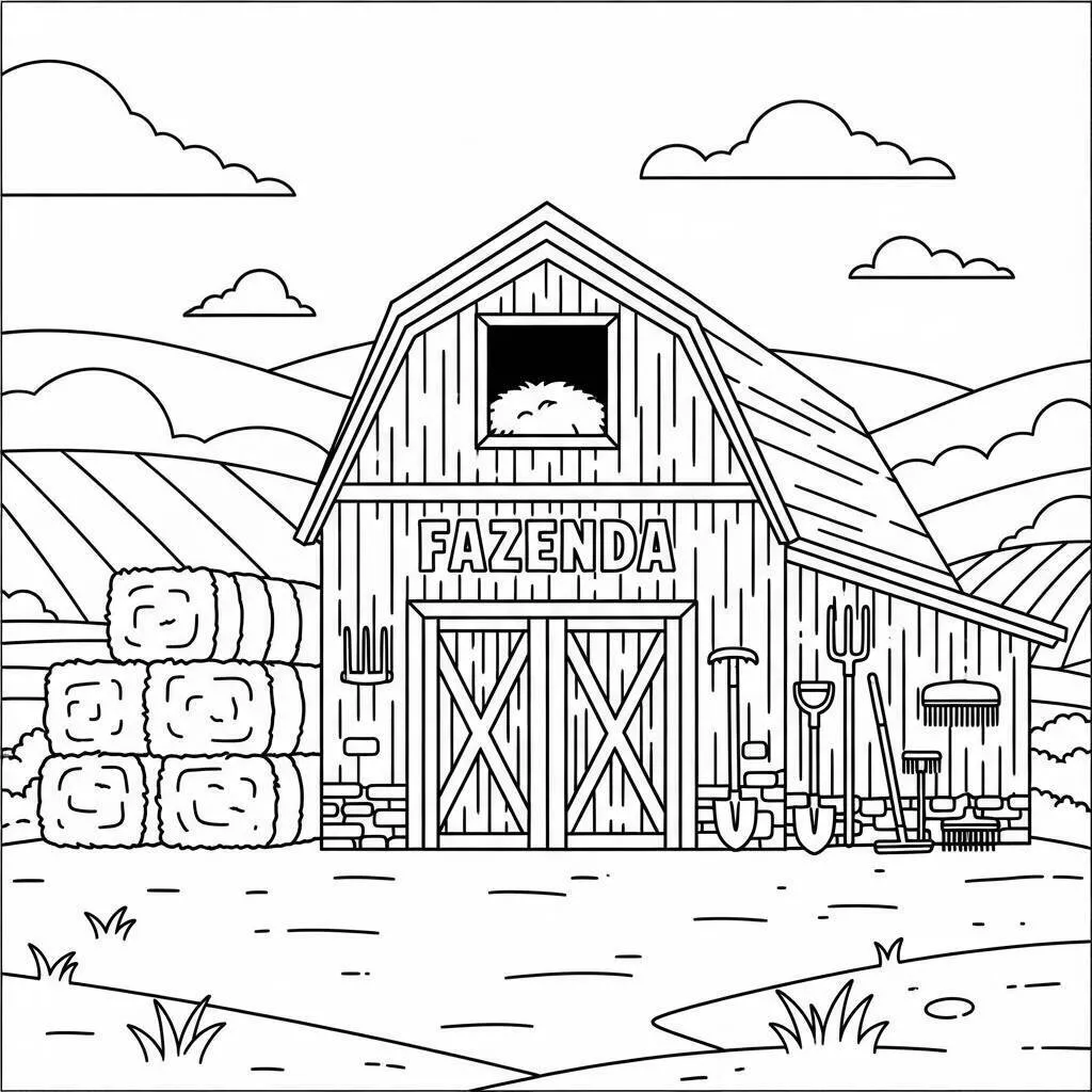 Desenho de Fazenda com Celeiro para Colorir