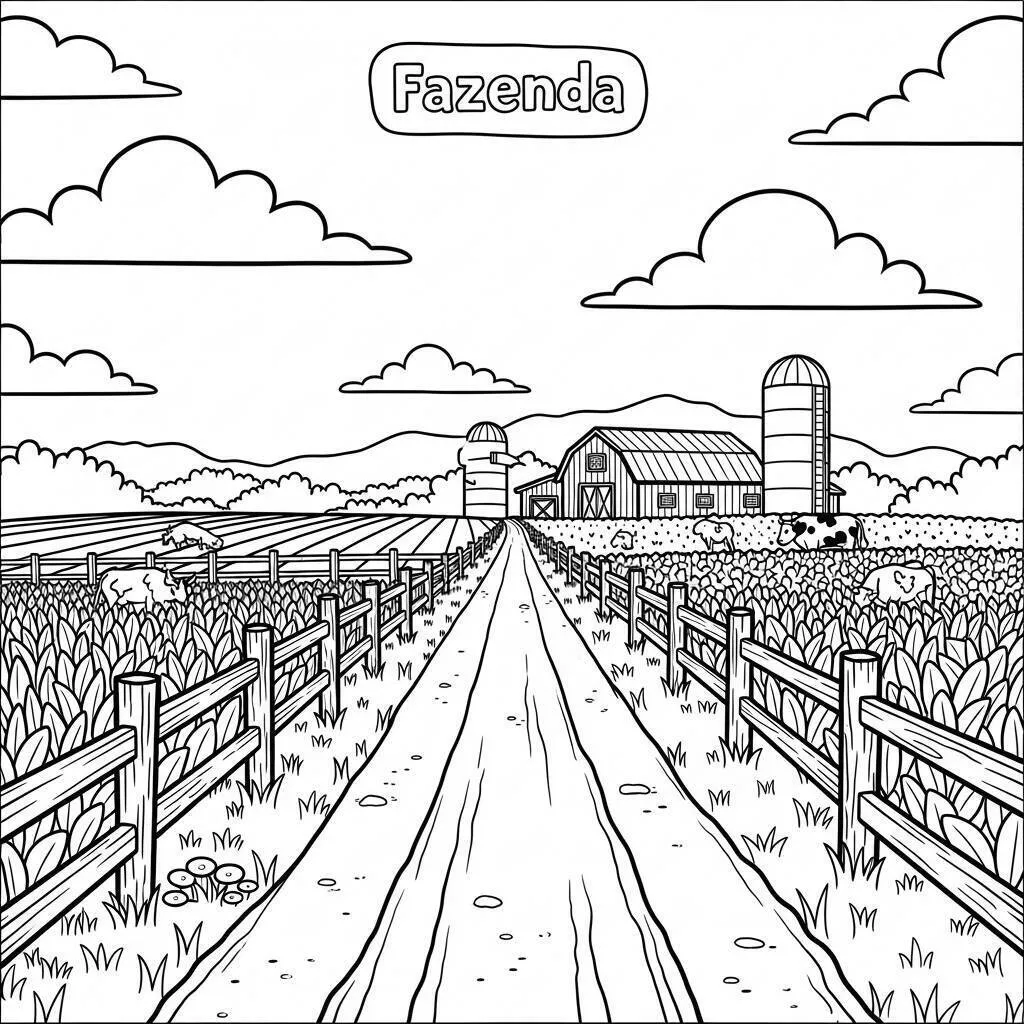 Desenho de Fazenda com Estrada e Silos para Colorir