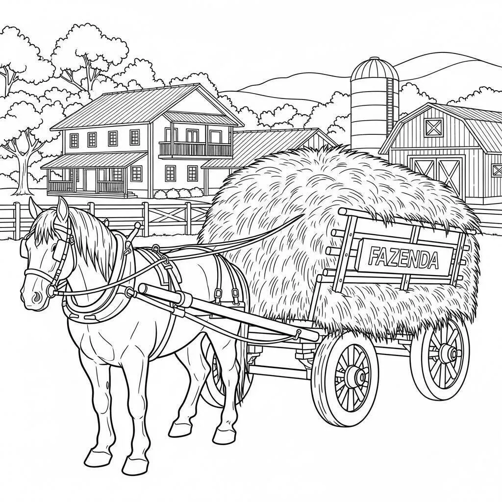 Página para colorear de granja con caballos y carros