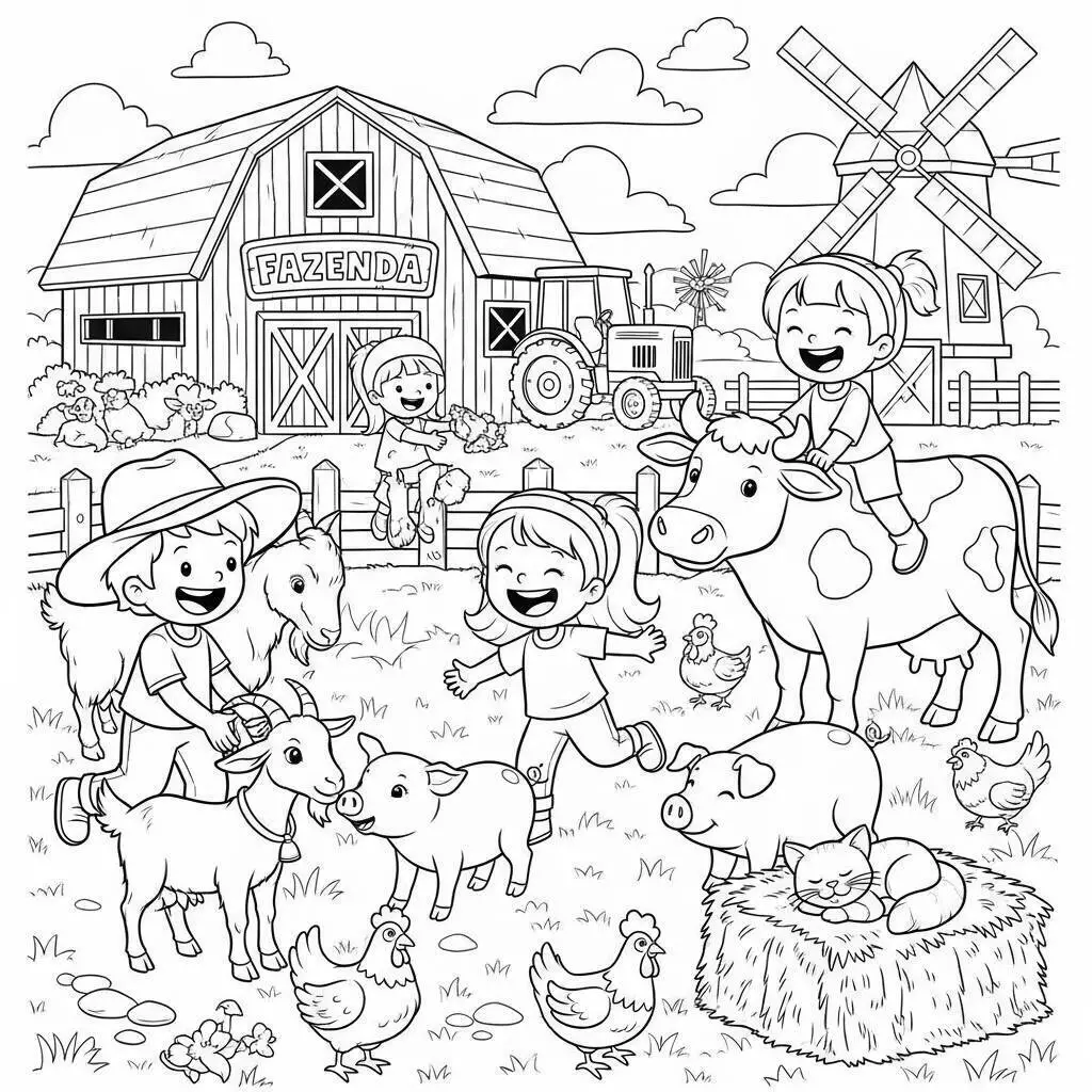 Desenho de Fazenda com Crianças e Animais para Colorir