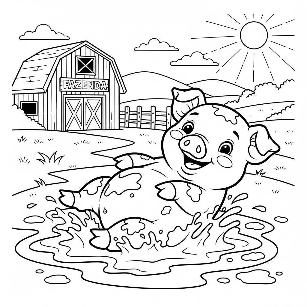 Desenho de Fazenda com Porquinho Brincando na Lama para Colorir