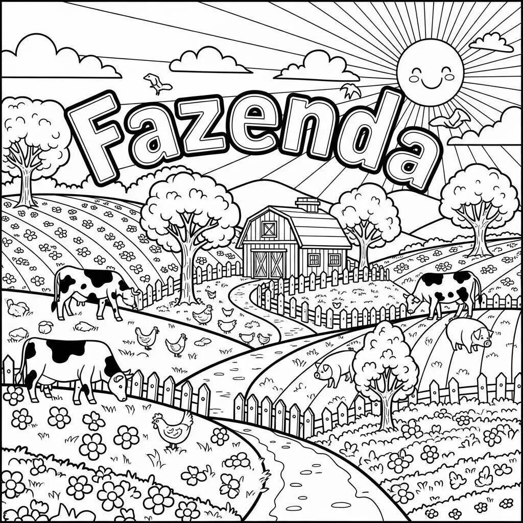 Desenho de Fazenda com Vacas e Paisagem para Colorir