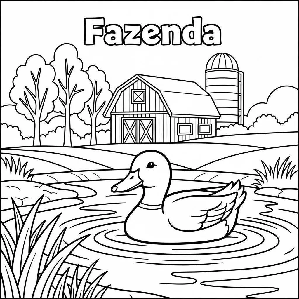 Desenho de Fazenda com Pato para Colorir