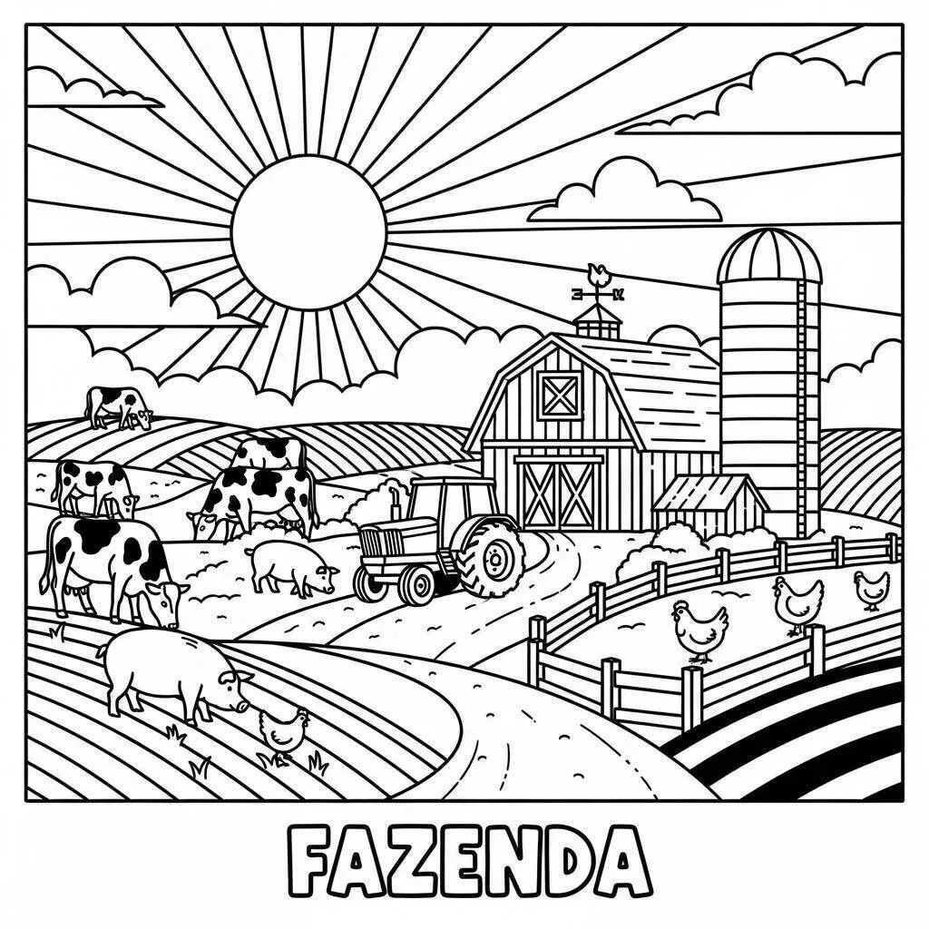 Página para colorear de granja con tractor y animales