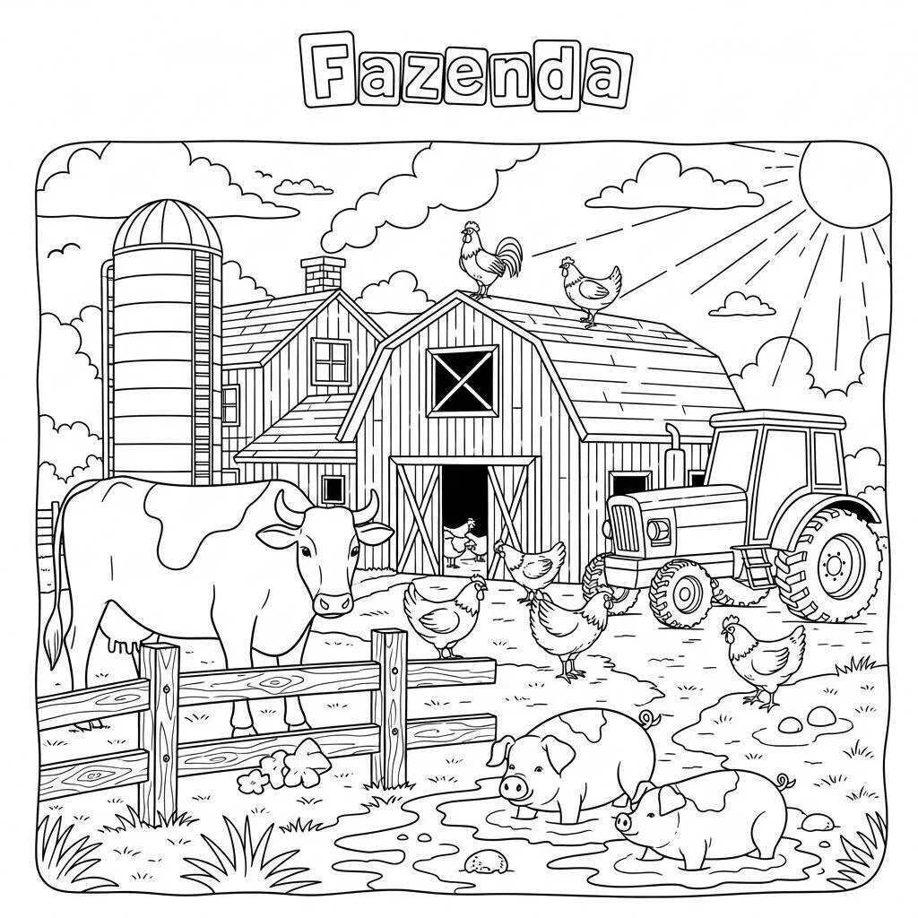 Desenho de Fazenda com Animais e Trator para Colorir