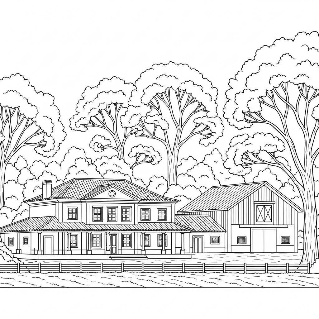 Página para colorear de granja con casa y árboles