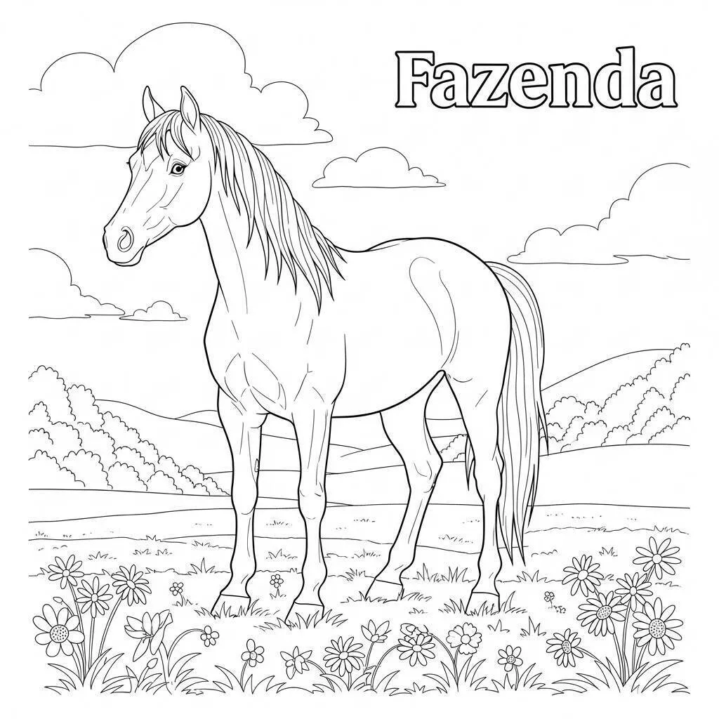 Desenho de Fazenda com Cavalo para Colorir