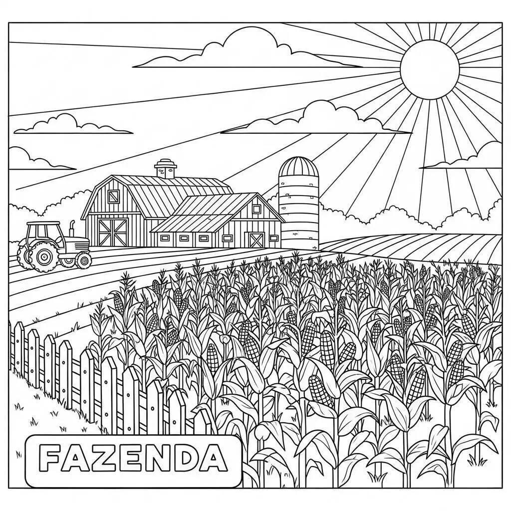 Desenho de Fazenda com Trator e Milho para Colorir