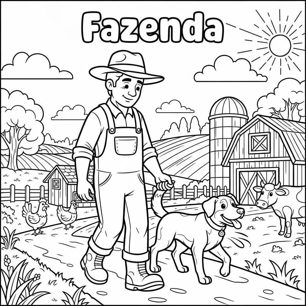 Desenho de Fazenda com Fazendeiro e Animais para Colorir