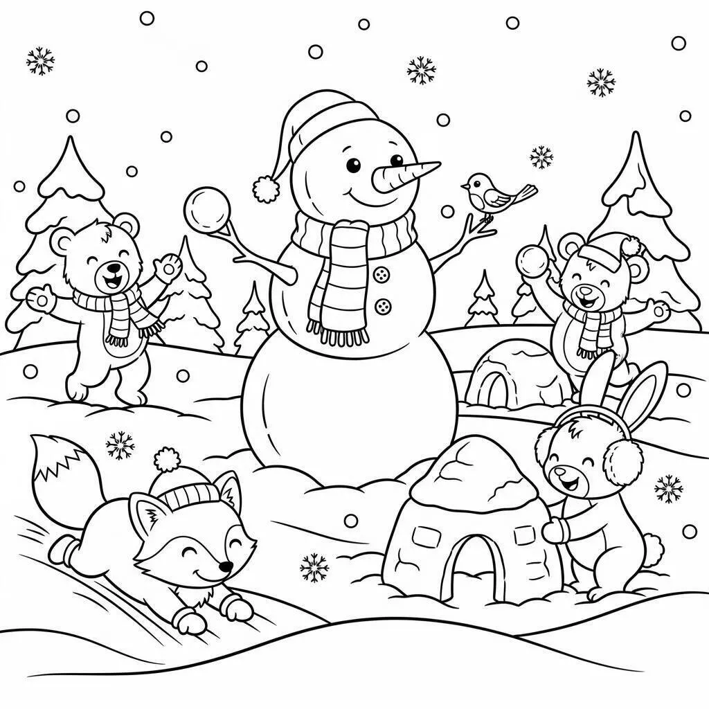 Desenho Fofo de um Boneco de Neve e Amigos para Colorir