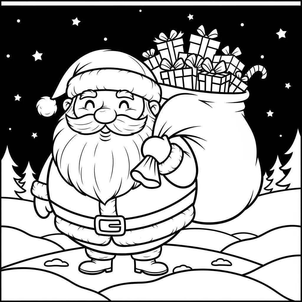 Desenho Fofo do Papai Noel com Sacola de Presentes para Colorir