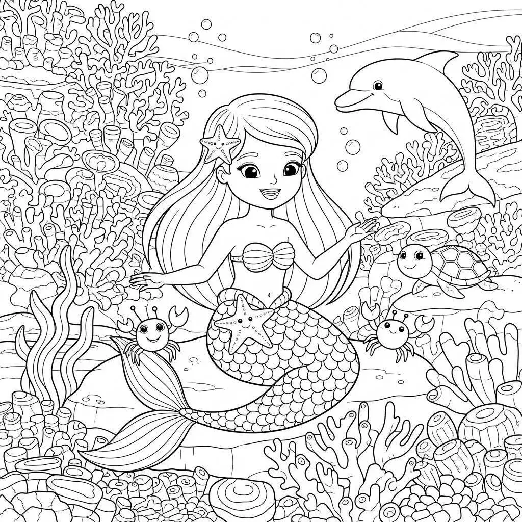 Desenho Fofo de uma Sereia Brincando com Golfinho para Colorir