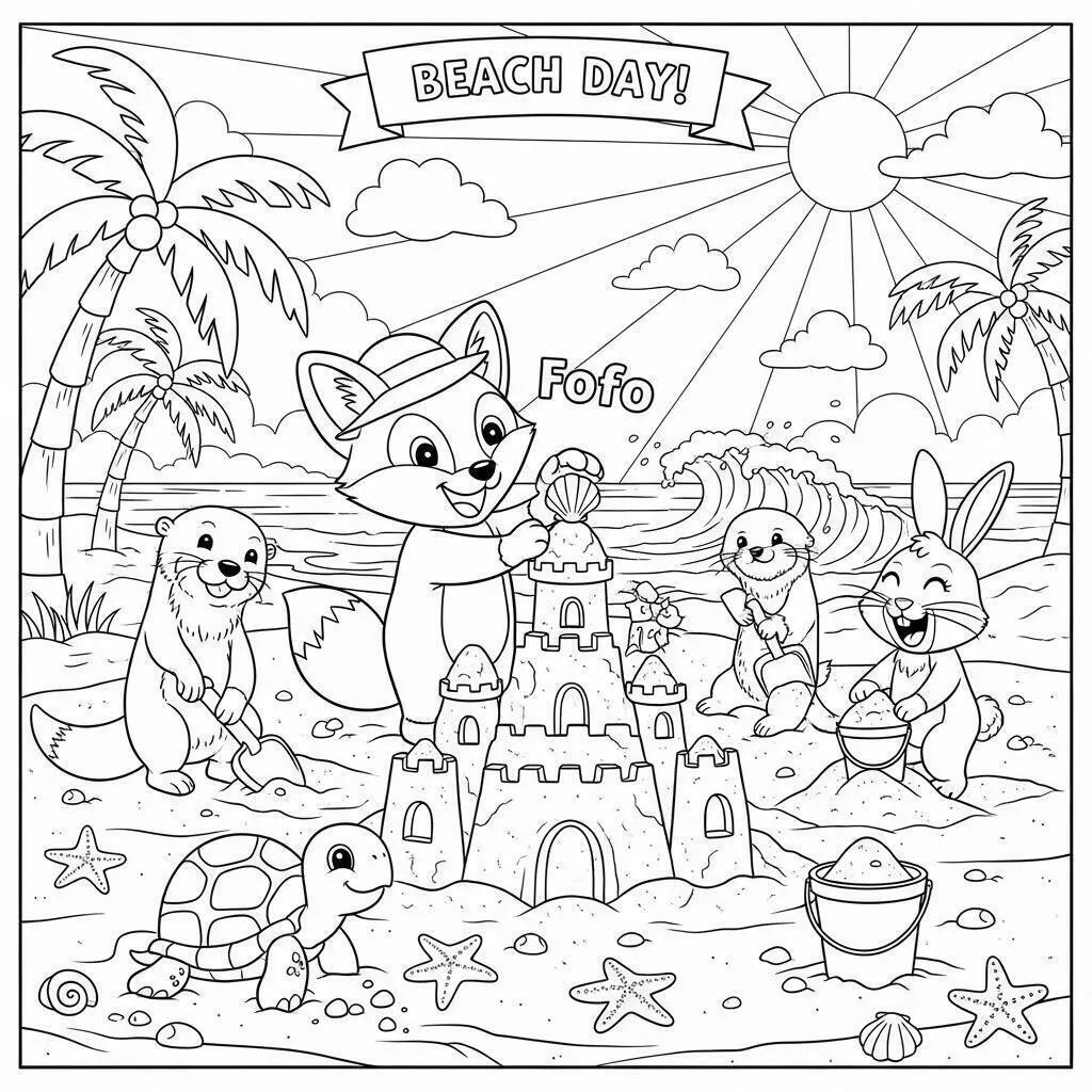 Desenho Fofo de um Dia de Praia com Animais para Colorir