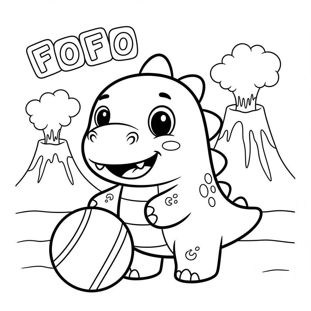 Cute Drawing of a Dinosaur Playing with a Ball to Color