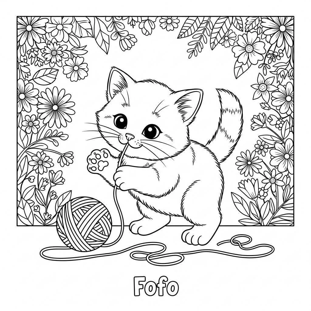 Cute Drawing of a Cat Playing with Wool to Color
