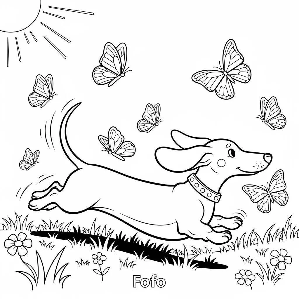 Desenho Fofo de um Cachorrinho Brincando com Borboletas para Colorir