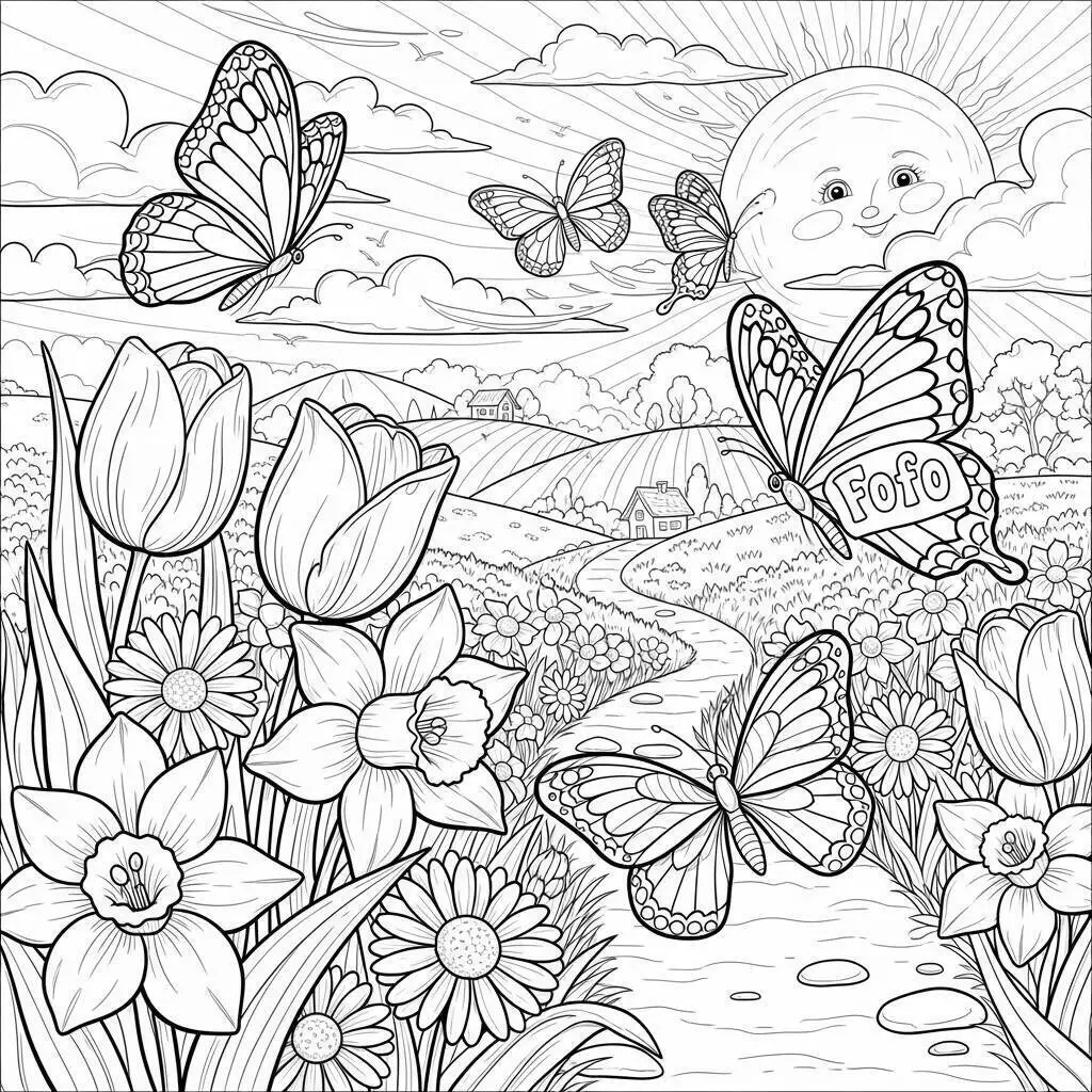 Desenho Fofo de Borboletas e Flores para Colorir