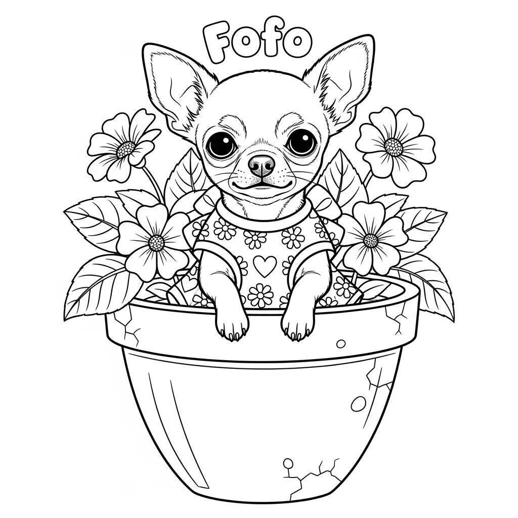 Desenho Fofo de um Chihuahua em um Vaso para Colorir