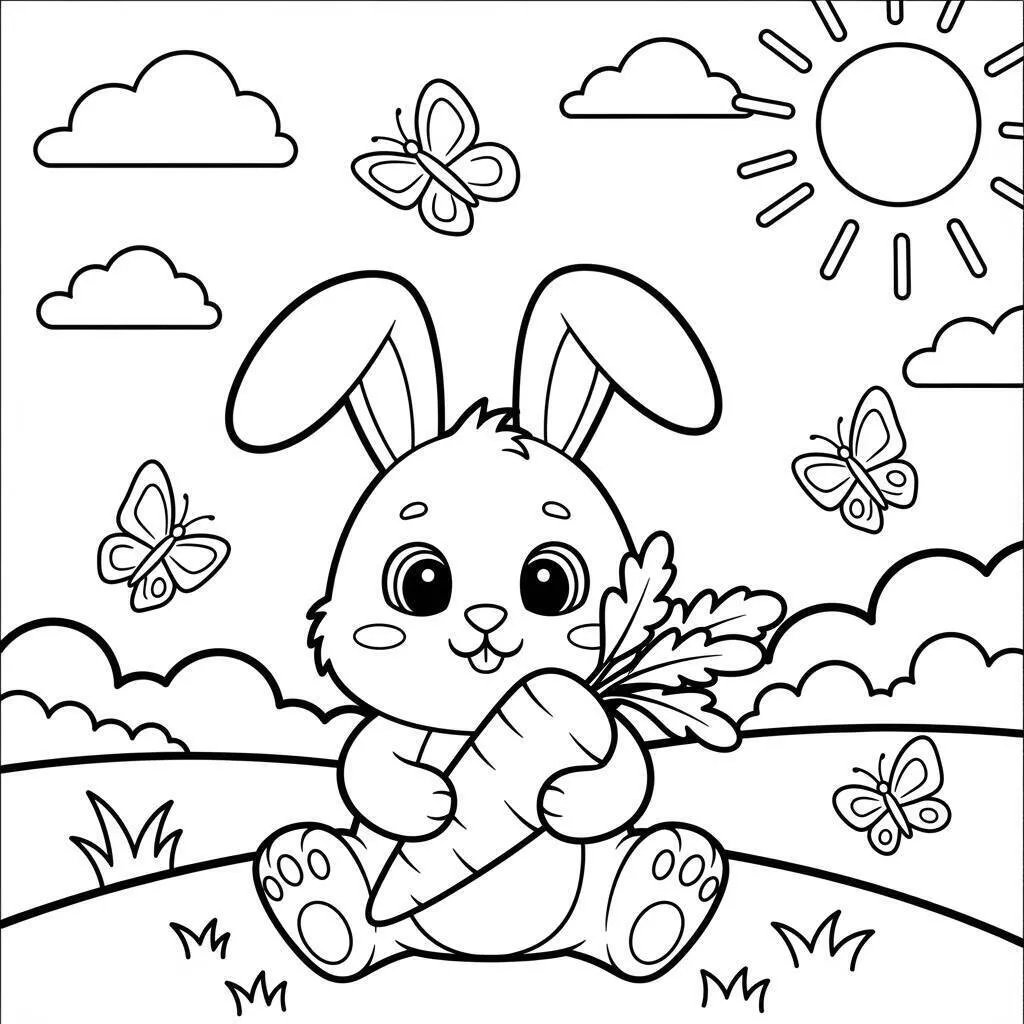 Desenho Fofo de um Coelho com Cenoura para Colorir