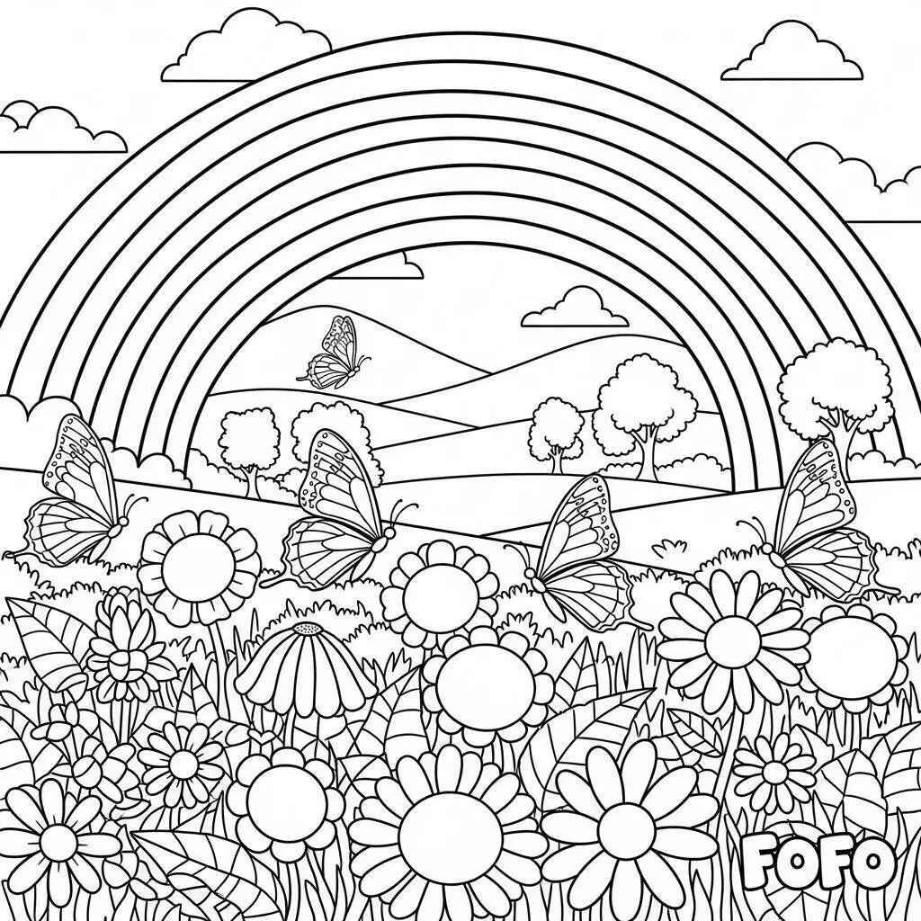 Desenho Fofo de um Arco Íris com Borboletas e Flores para Colorir