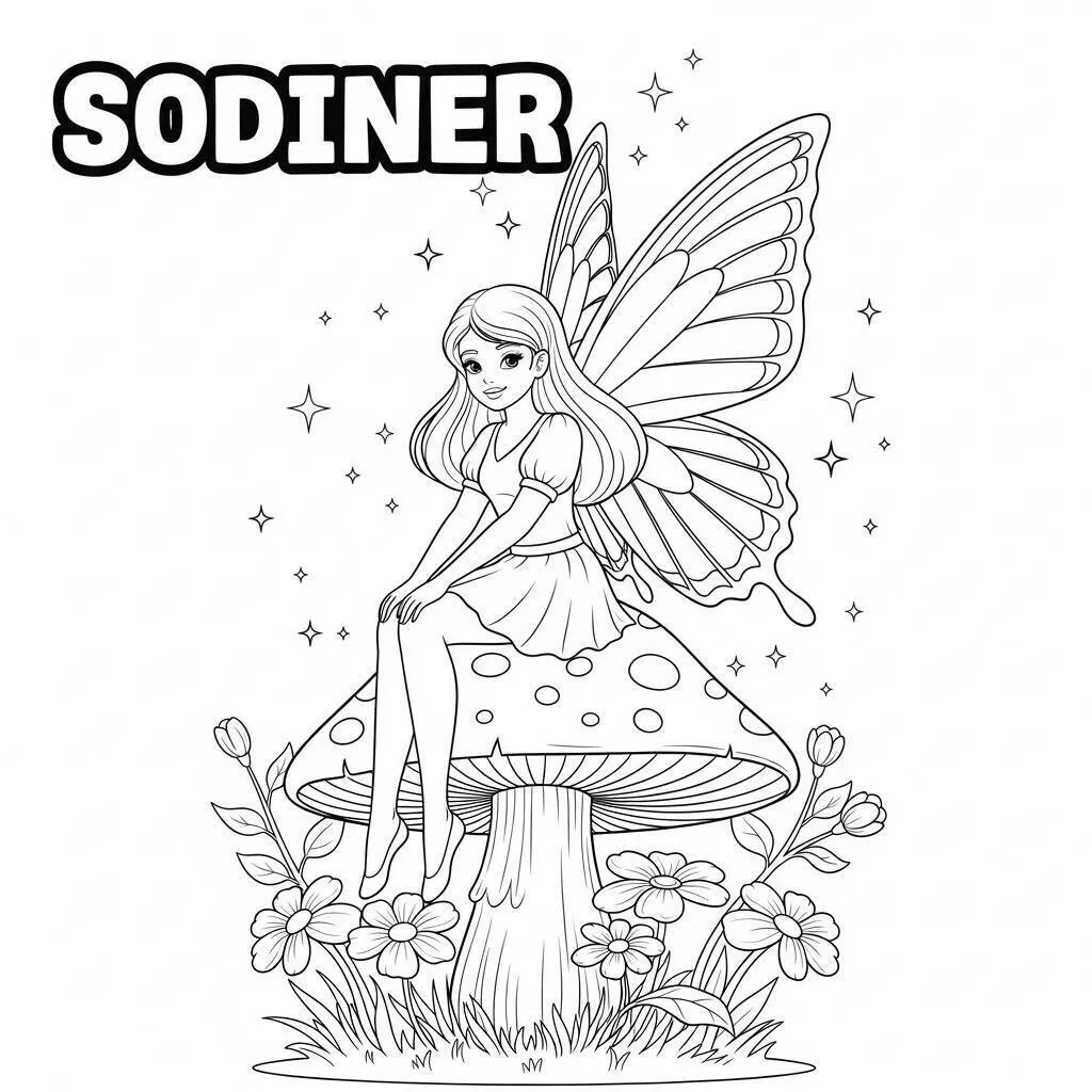 Desenho Fofo de uma Fada Sentada em um Cogumelo para Colorir