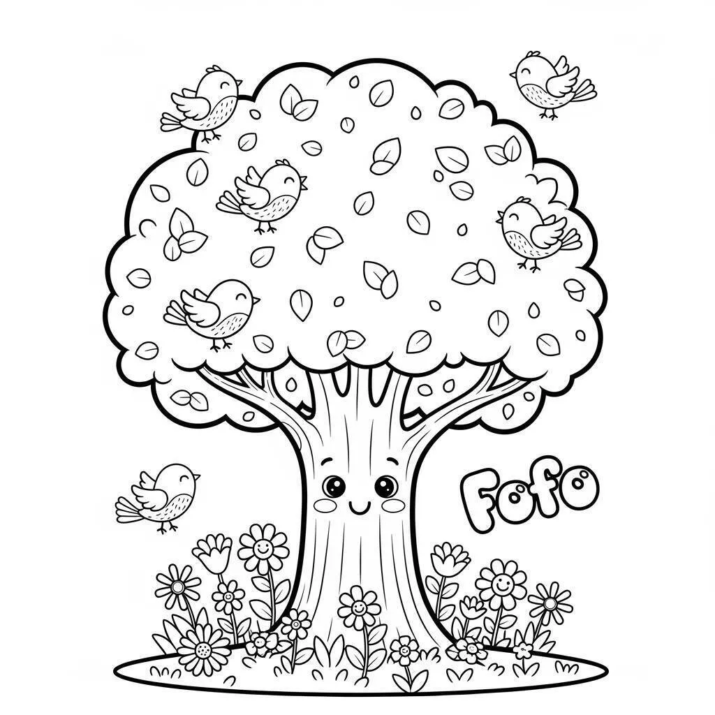 Desenho Fofo de uma Árvore com Pássaros para Colorir