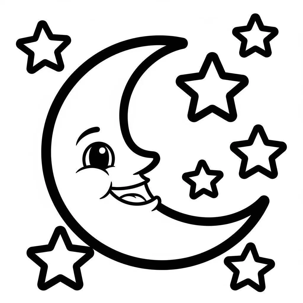 Desenho Fofo da Lua Sorridente com Estrelas para Colorir