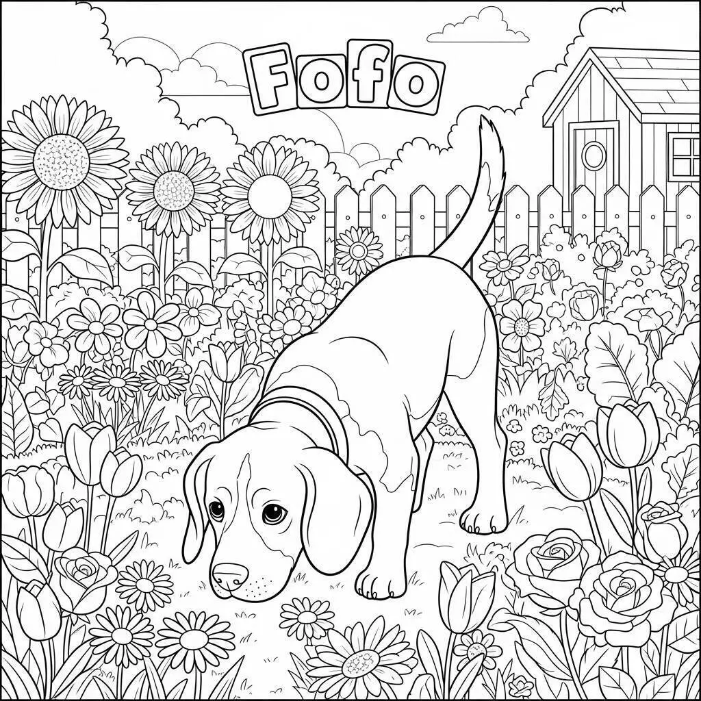 Desenho Fofo de um Cachorrinho em um Jardim para Colorir