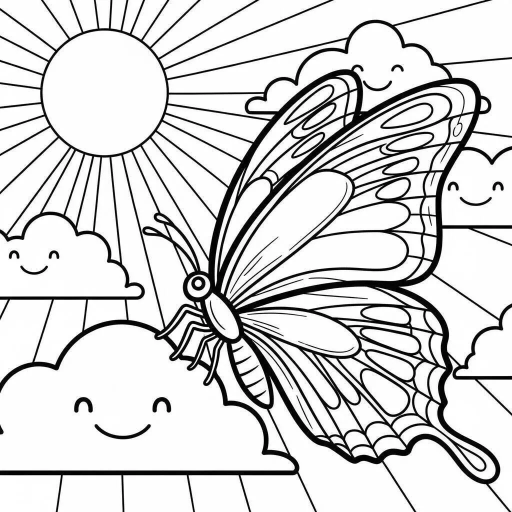 Desenho de Mariposa Brincando nas Nuvens para Colorir