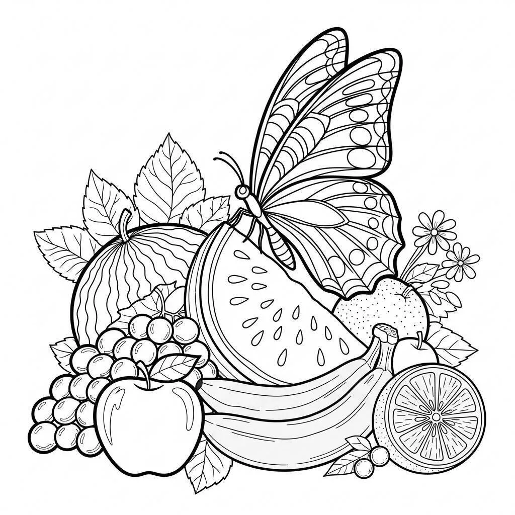 Desenho de Mariposa entre Frutas para Colorir