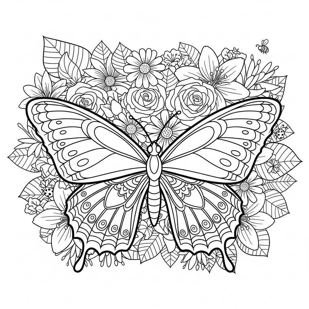 Desenho de Mariposa Decorativa entre Flores para Colorir