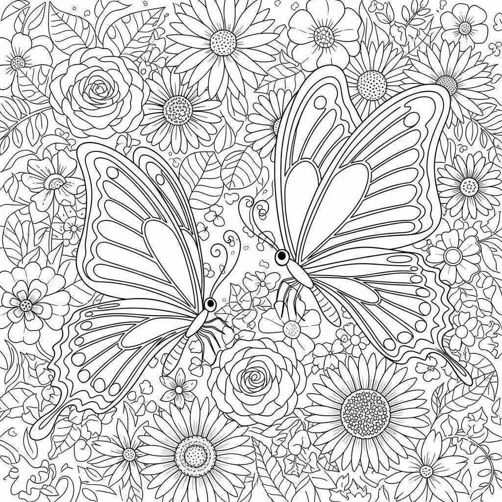Desenho de Mariposas entre Flores para Colorir