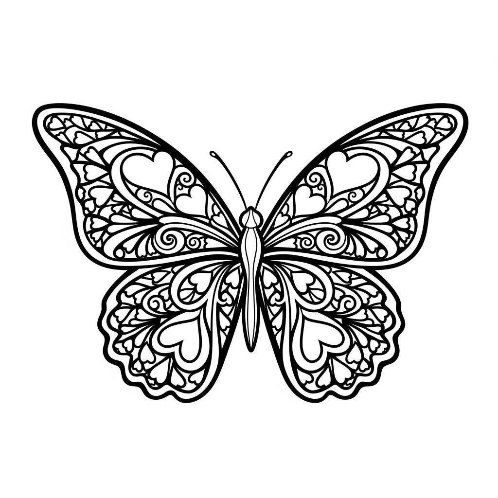 Desenho de Mariposa com Corações para Colorir