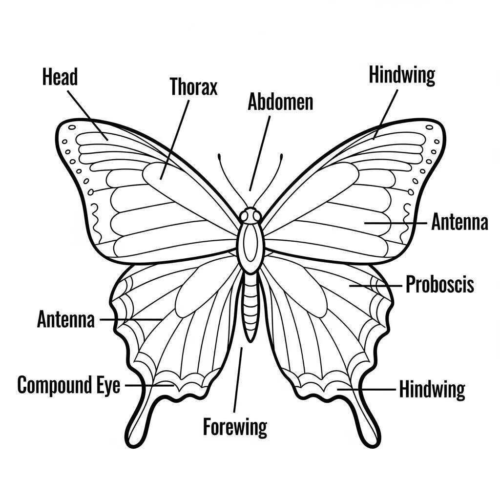 Desenho de Mariposa Detalhado para Colorir com Partes do Corpo