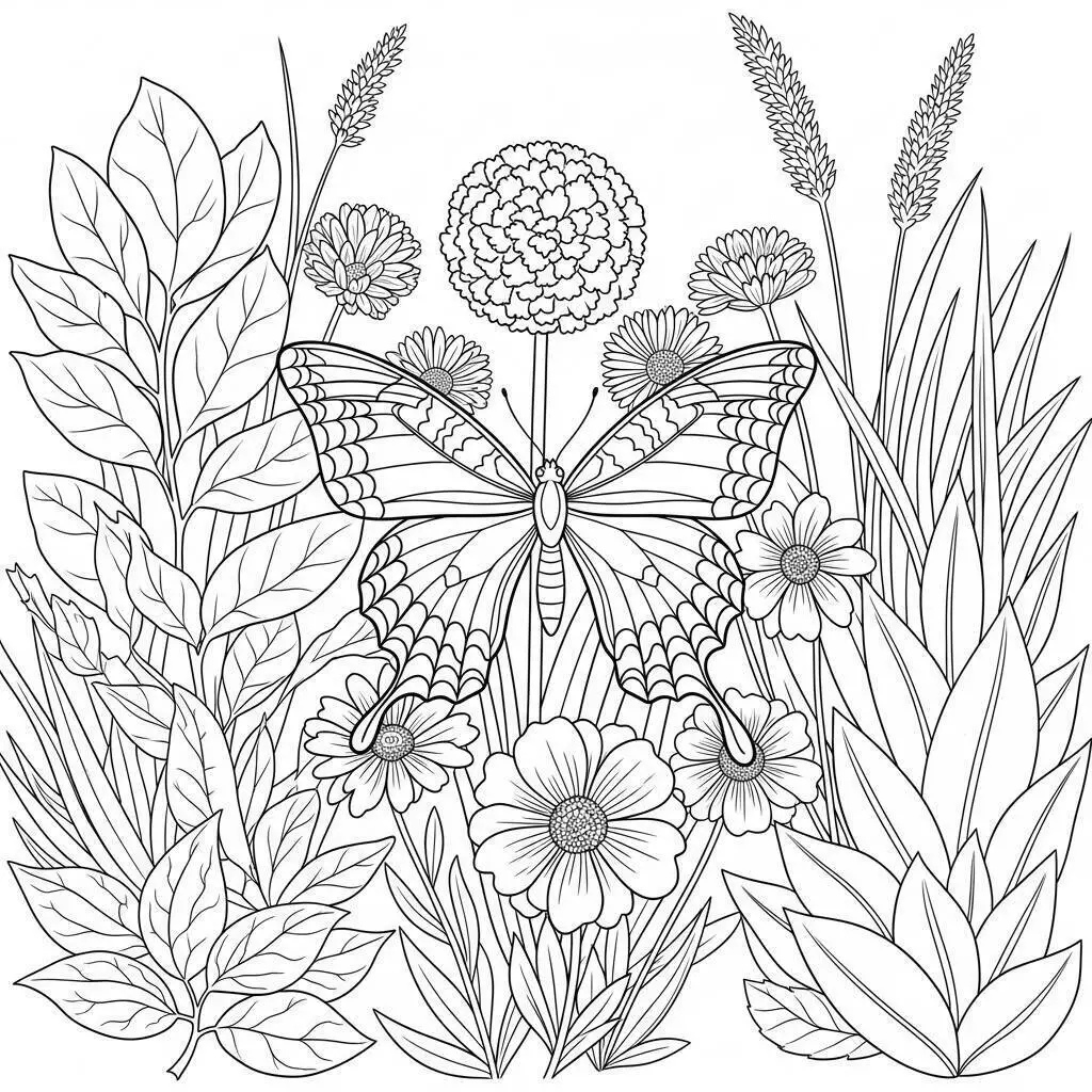 Desenho de Mariposa entre Flores para Colorir