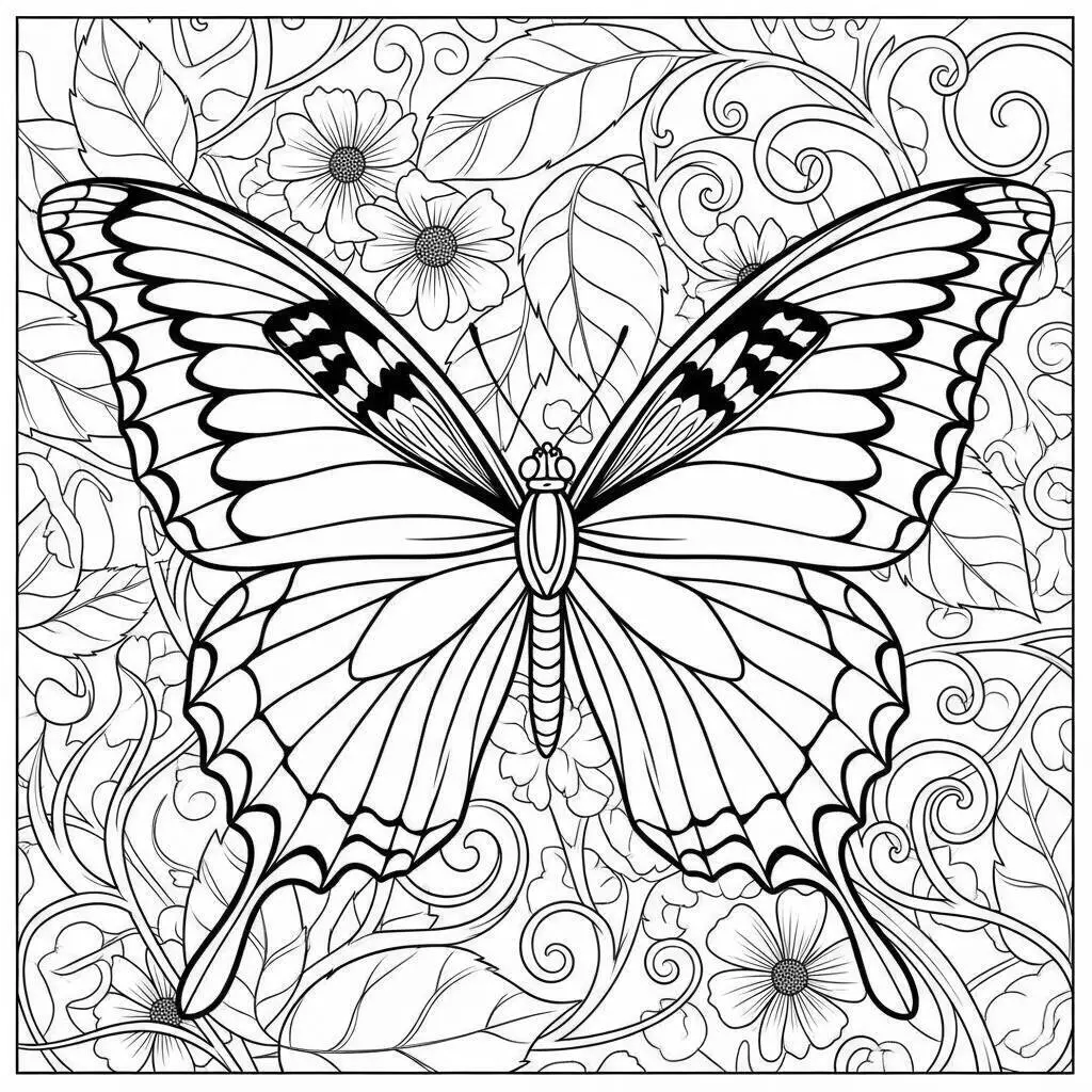 Desenho de Mariposa Detalhada entre Flores para Colorir