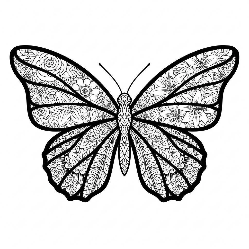 Desenho de Mariposa com Padrões Florais para Colorir