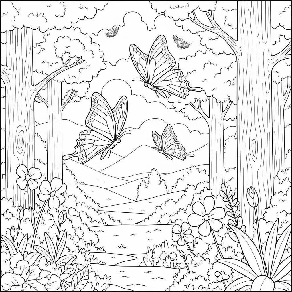 Desenho de Mariposas em um Cenário Natural para Colorir
