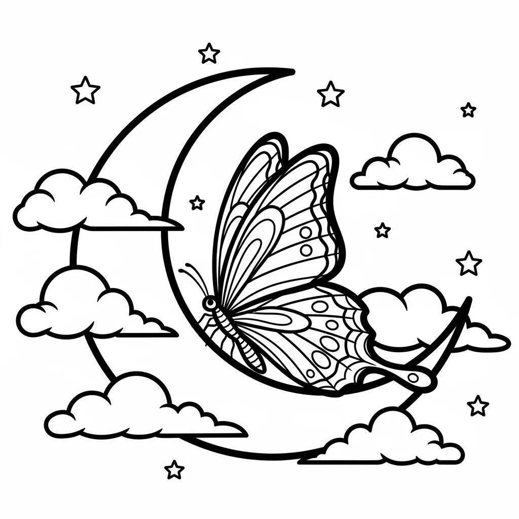 Desenho de Mariposa na Lua com Nuvens para Colorir